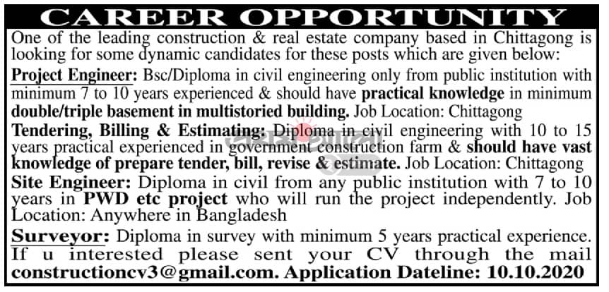 Job in Chittagong for a construction and real estate company